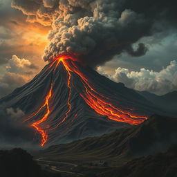 A dramatic scene depicting a catastrophic volcanic eruption on a towering mountain, with fiery lava spewing from the crater and thick, dark clouds of ash billowing into the sky
