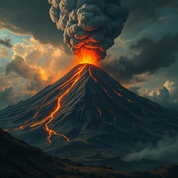 A dramatic scene depicting a catastrophic volcanic eruption on a towering mountain, with fiery lava spewing from the crater and thick, dark clouds of ash billowing into the sky