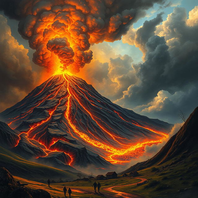 A dramatic scene depicting a catastrophic volcanic eruption on a towering mountain, with fiery lava spewing from the crater and thick, dark clouds of ash billowing into the sky