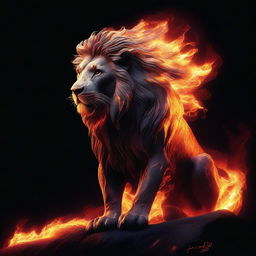 Generate an image of a fierce lion forged from flowing molten lava