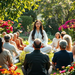 A serene scene depicting a group of approximately 30 wealthy individuals, both men and women, sitting in meditation in a stunning garden filled with lush greenery and colorful flowers
