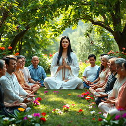A serene scene depicting a group of approximately 30 wealthy individuals, both men and women, sitting in meditation in a stunning garden filled with lush greenery and colorful flowers