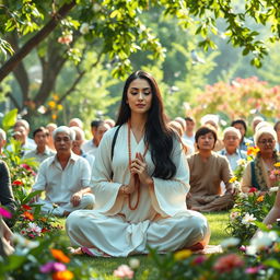 A serene scene depicting a group of approximately 30 wealthy individuals, both men and women, sitting in meditation in a stunning garden filled with lush greenery and colorful flowers