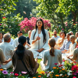 A serene scene depicting a group of approximately 30 wealthy individuals, both men and women, sitting in meditation in a stunning garden filled with lush greenery and colorful flowers