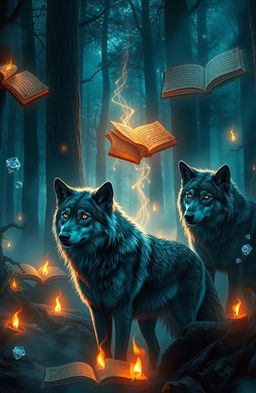 In an enchanting forest, a pack of majestic wolves is surrounded by a mystical ambiance, illuminated by flickering flames that dance around them