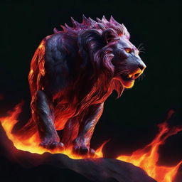 Generate an image of a fierce lion forged from flowing molten lava