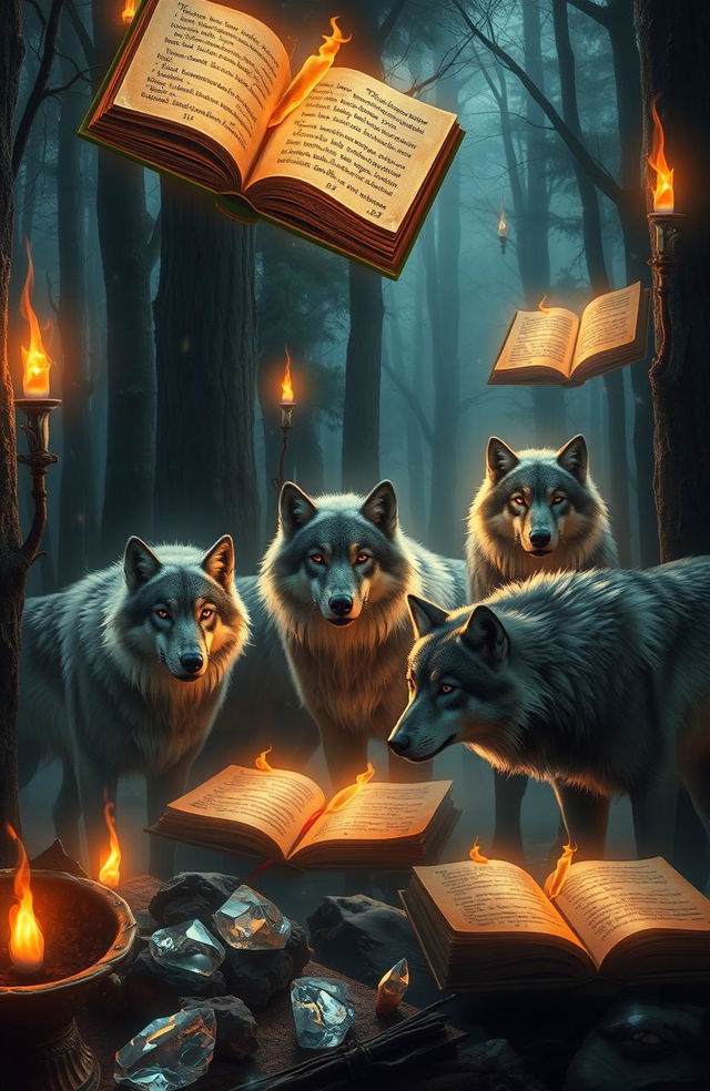 In an enchanting forest, a pack of majestic wolves is surrounded by a mystical ambiance, illuminated by flickering flames that dance around them