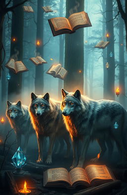 In an enchanting forest, a pack of majestic wolves is surrounded by a mystical ambiance, illuminated by flickering flames that dance around them