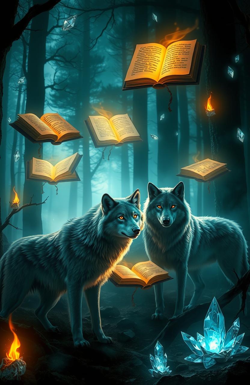 In an enchanting forest, a pack of majestic wolves is surrounded by a mystical ambiance, illuminated by flickering flames that dance around them