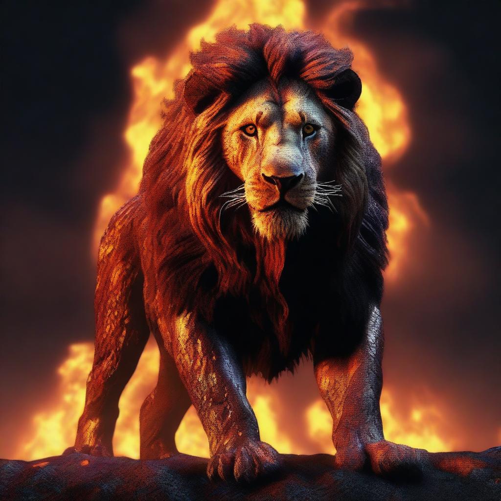 Generate a high-definition 4K image of a majestic lion, composed entirely of molten lava