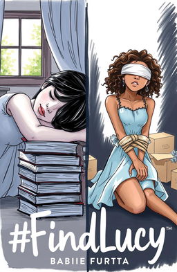 A professional sketch style illustration depicting a split cover for a book titled '#FindLucy' by author Barbie Furtado