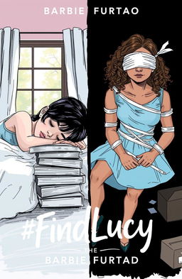 A professional sketch style illustration depicting a split cover for a book titled '#FindLucy' by author Barbie Furtado