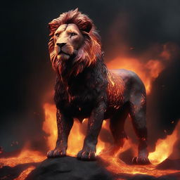 Generate a high-definition 4K image of a majestic lion, composed entirely of molten lava