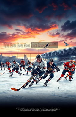 An artistic depiction of the evolution of hockey, showcasing players from different eras in a dynamic composition