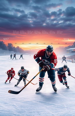 An artistic depiction of the evolution of hockey, showcasing players from different eras in a dynamic composition