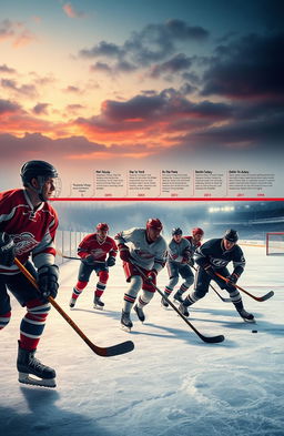 An artistic depiction of the evolution of hockey, showcasing players from different eras in a dynamic composition