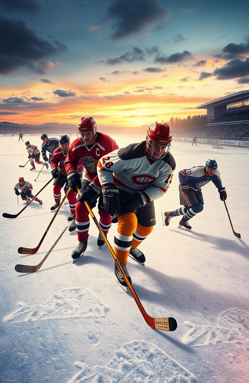 An artistic depiction of the evolution of hockey, showcasing players from different eras in a dynamic composition