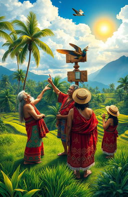A richly colorful and vibrant scene depicting indigenous Filipino people engaging in traditional weather forecasting practices