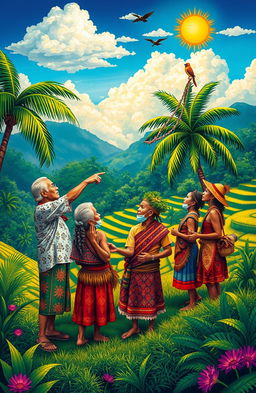 A richly colorful and vibrant scene depicting indigenous Filipino people engaging in traditional weather forecasting practices