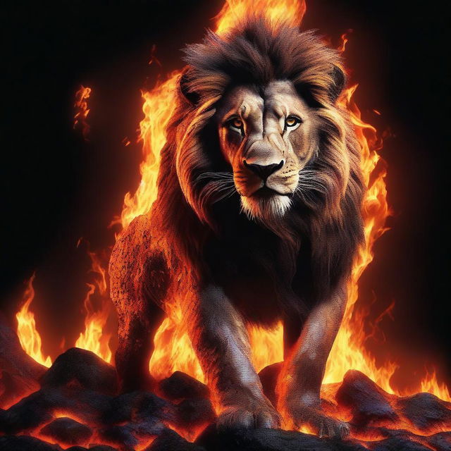 Generate a high-definition 4K image of a majestic lion, composed entirely of molten lava