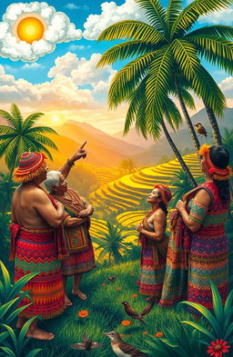 A richly colorful and vibrant scene depicting indigenous Filipino people engaging in traditional weather forecasting practices