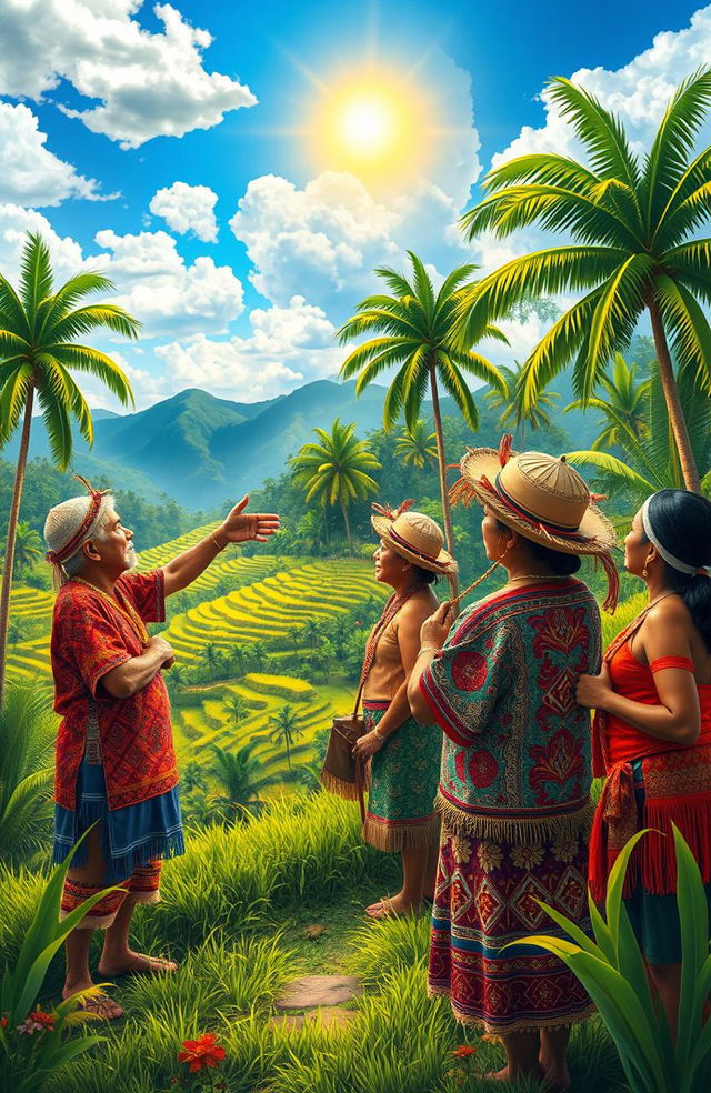 A richly colorful and vibrant scene depicting indigenous Filipino people engaging in traditional weather forecasting practices