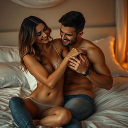A sensual, intimate scene featuring an adult couple embracing on a luxurious bed