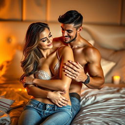 A sensual, intimate scene featuring an adult couple embracing on a luxurious bed