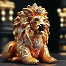 Generate a high-definition 4K image of a luxurious lion crafted from vivid mix of molten lava, gold, and diamonds