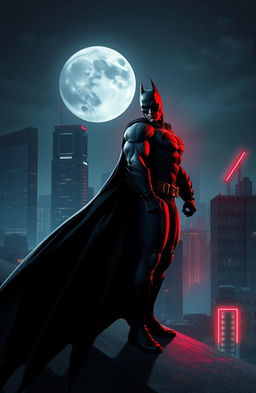 A striking and dynamic scene depicting Batman in a dramatic pose, with athletic build and iconic cape flowing behind him, standing on a rooftop overlooking a city skyline at night