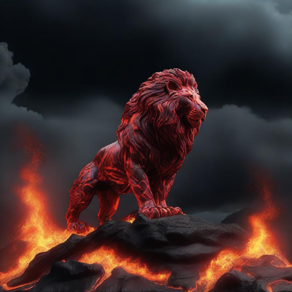 Generate a high-definition 4K image of a legendary lion formed of flowing lava