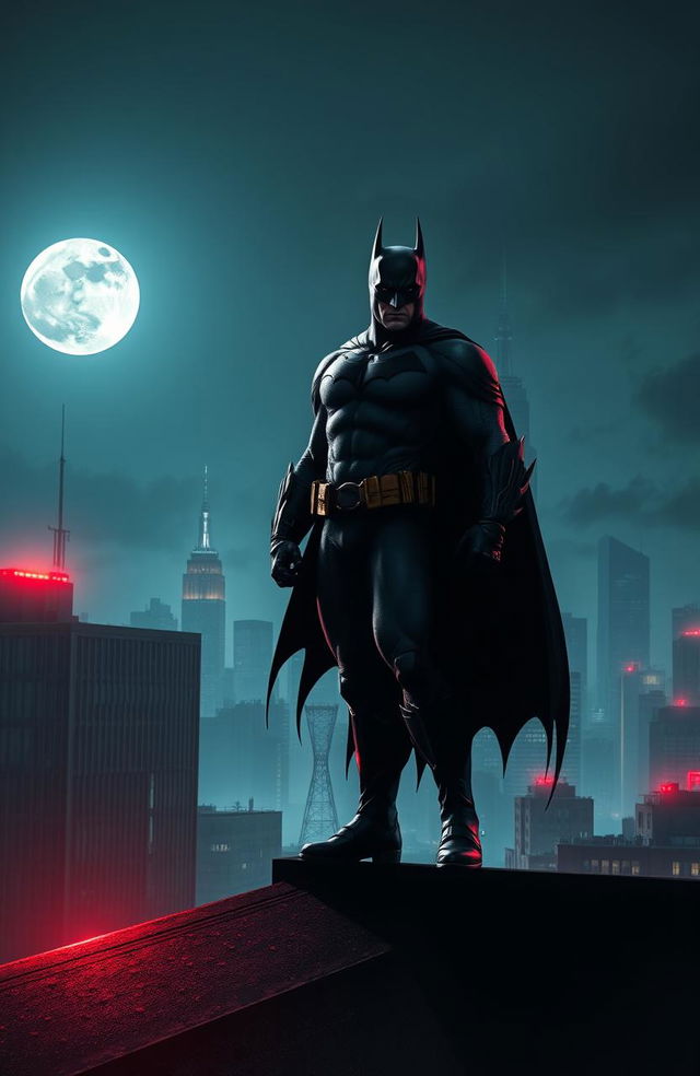 A striking and dynamic scene depicting Batman in a dramatic pose, with athletic build and iconic cape flowing behind him, standing on a rooftop overlooking a city skyline at night