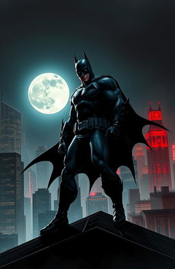 A striking and dynamic scene depicting Batman in a dramatic pose, with athletic build and iconic cape flowing behind him, standing on a rooftop overlooking a city skyline at night