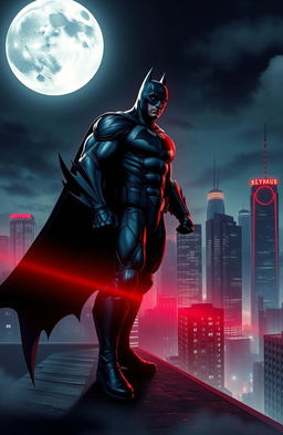 A striking and dynamic scene depicting Batman in a dramatic pose, with athletic build and iconic cape flowing behind him, standing on a rooftop overlooking a city skyline at night