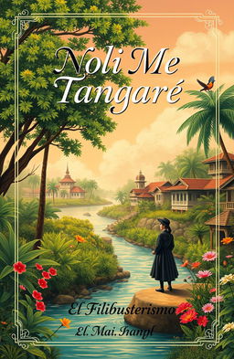 An artistic reinterpretation of the cover page of a classic Filipino novel, featuring a lush, tropical landscape with vibrant green trees and colorful flowers, a serene river flowing through the scene, and traditional Filipino architecture in the background
