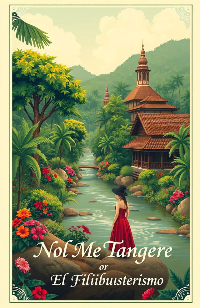 An artistic reinterpretation of the cover page of a classic Filipino novel, featuring a lush, tropical landscape with vibrant green trees and colorful flowers, a serene river flowing through the scene, and traditional Filipino architecture in the background