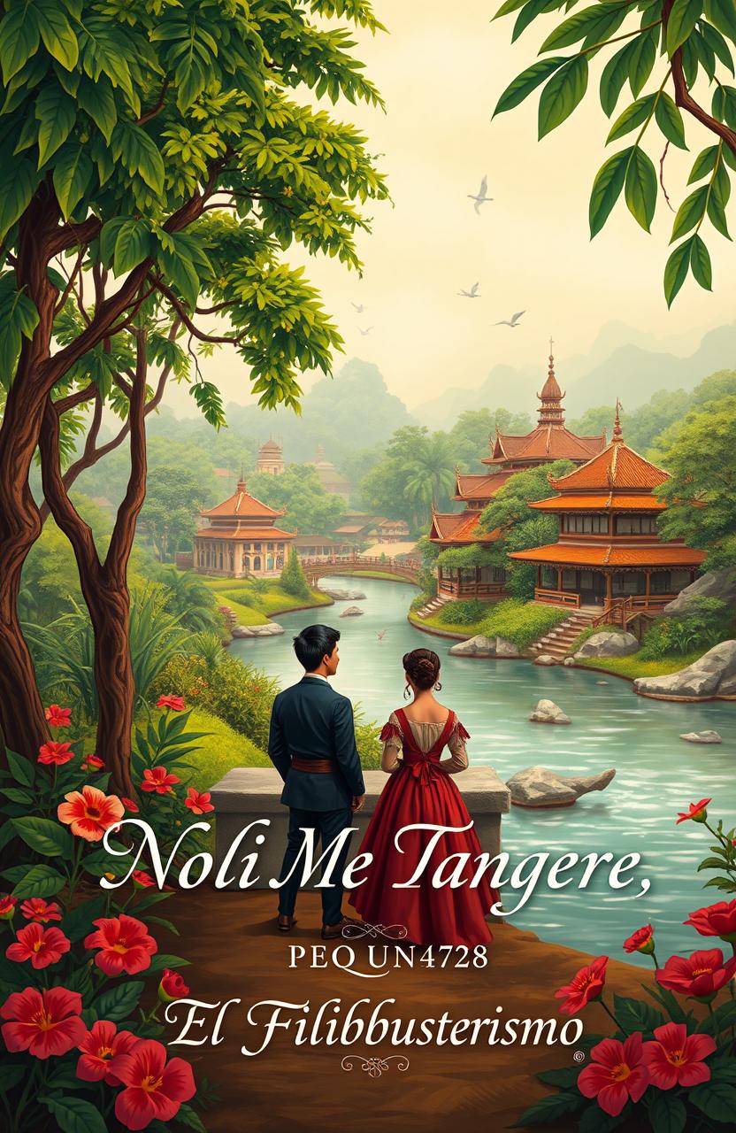 An artistic reinterpretation of the cover page of a classic Filipino novel, featuring a lush, tropical landscape with vibrant green trees and colorful flowers, a serene river flowing through the scene, and traditional Filipino architecture in the background