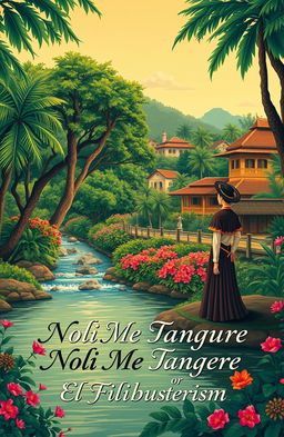 An artistic reinterpretation of the cover page of a classic Filipino novel, featuring a lush, tropical landscape with vibrant green trees and colorful flowers, a serene river flowing through the scene, and traditional Filipino architecture in the background
