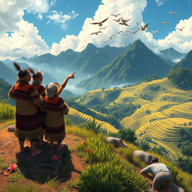 A captivating scene portraying the indigenous weather forecasting practices of the Cordillera people in the Philippines