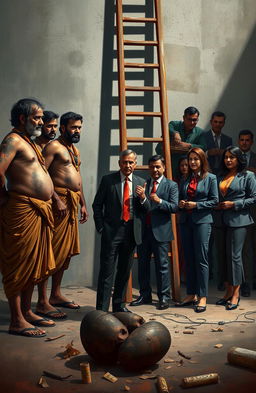A dramatic scene depicting a juxtaposition of traditional and modern elements, featuring men dressed in dirty dhoties standing by a tall ladder, symbolizing the connection between heritage and contemporary life
