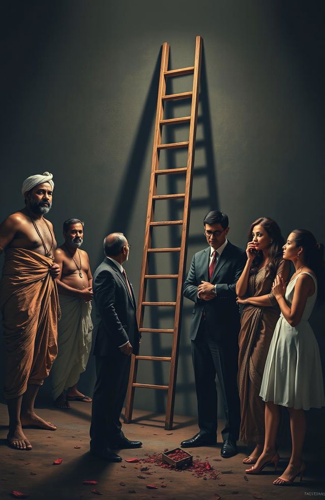 A dramatic scene depicting a juxtaposition of traditional and modern elements, featuring men dressed in dirty dhoties standing by a tall ladder, symbolizing the connection between heritage and contemporary life