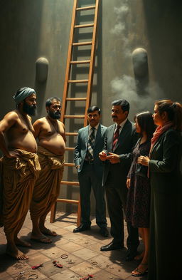 A dramatic scene depicting a juxtaposition of traditional and modern elements, featuring men dressed in dirty dhoties standing by a tall ladder, symbolizing the connection between heritage and contemporary life
