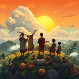 A vivid illustration depicting the indigenous weather forecasting methods of the Bokod people in the Philippines