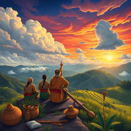 A vivid illustration depicting the indigenous weather forecasting methods of the Bokod people in the Philippines
