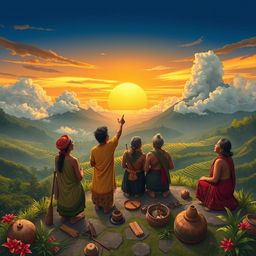 A vivid illustration depicting the indigenous weather forecasting methods of the Bokod people in the Philippines
