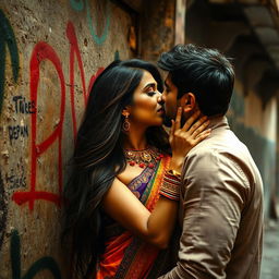 A sultry Indian woman, dressed in vibrant traditional attire, layered with intricate patterns and bright colors, is shown in an intimate scene