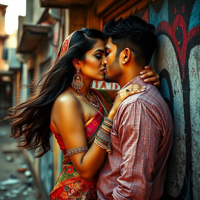 A sultry Indian woman, dressed in vibrant traditional attire, layered with intricate patterns and bright colors, is shown in an intimate scene