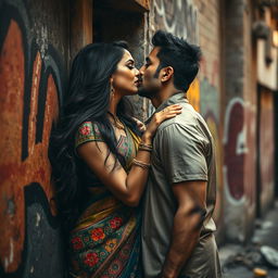 A sultry Indian woman, dressed in vibrant traditional attire, layered with intricate patterns and bright colors, is shown in an intimate scene