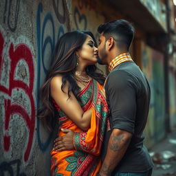 A sultry Indian woman, dressed in vibrant traditional attire, layered with intricate patterns and bright colors, is shown in an intimate scene