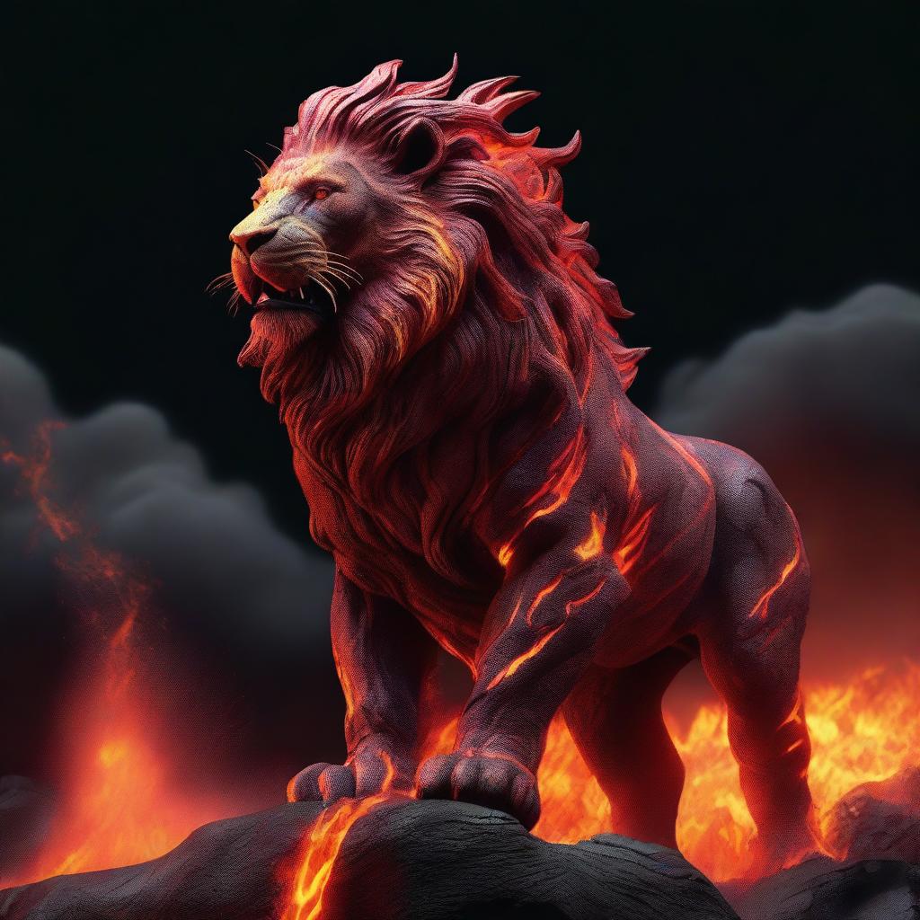 Generate a high-definition 4K image of a legendary lion formed of flowing lava